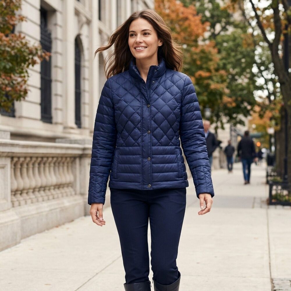 Lands' End Women's Navy Blue Diamond Quilted Down Puffer Jacket Coat Size S 6-8